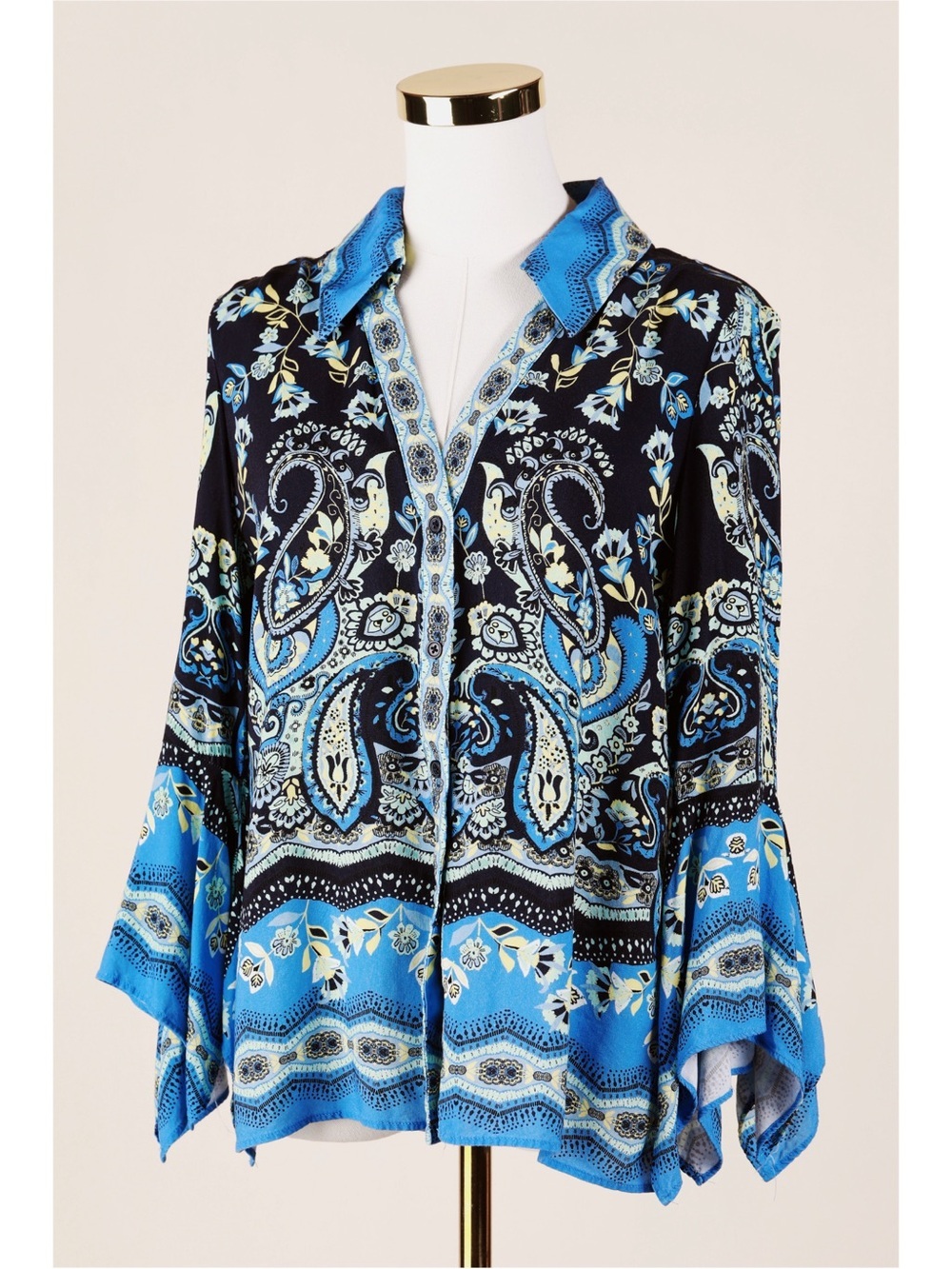 Sz M Boston Proper Border Print Paisley Boho Flare Sleeve Button Down Blouse EUC
